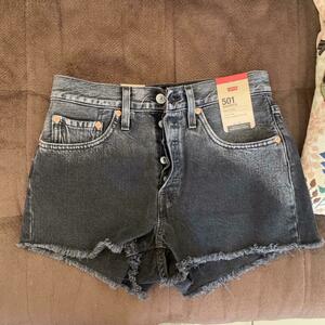 Levi's black denim shorts with button fly and raw hem is being swapped online for free